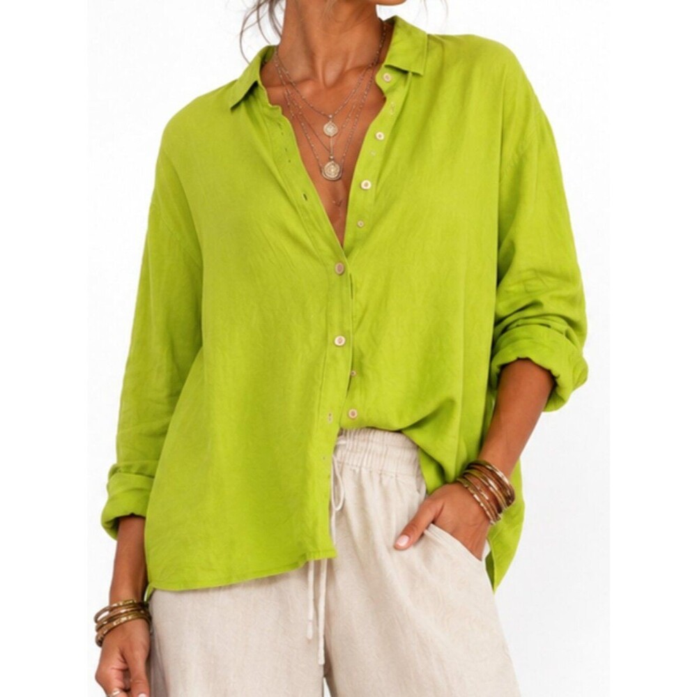 CW classics Linen Lime Green 100% Linen Button Front Tunic Shirt Size 10 Boho